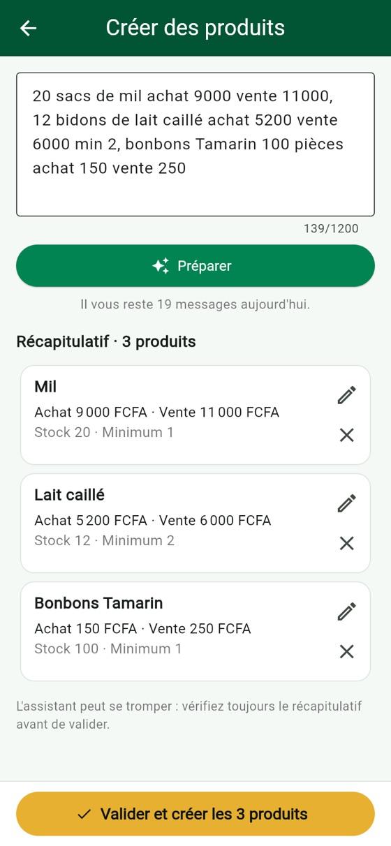 L'assistant : un message écrit comme dans le cahier, et le récapitulatif de trois produits à vérifier avant de valider
