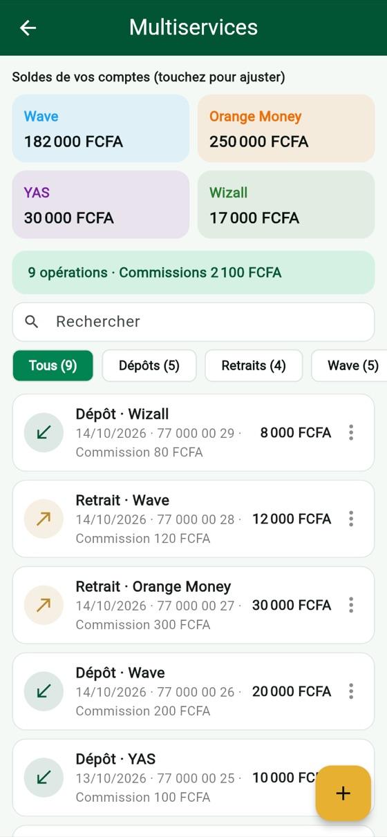 Page Multiservices : soldes Wave, Orange Money, YAS, Wizall et liste des dépôts et retraits