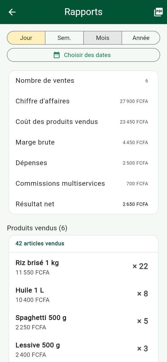 Rapport du jour : chiffre d'affaires, marge, dépenses, résultat net, produits vendus