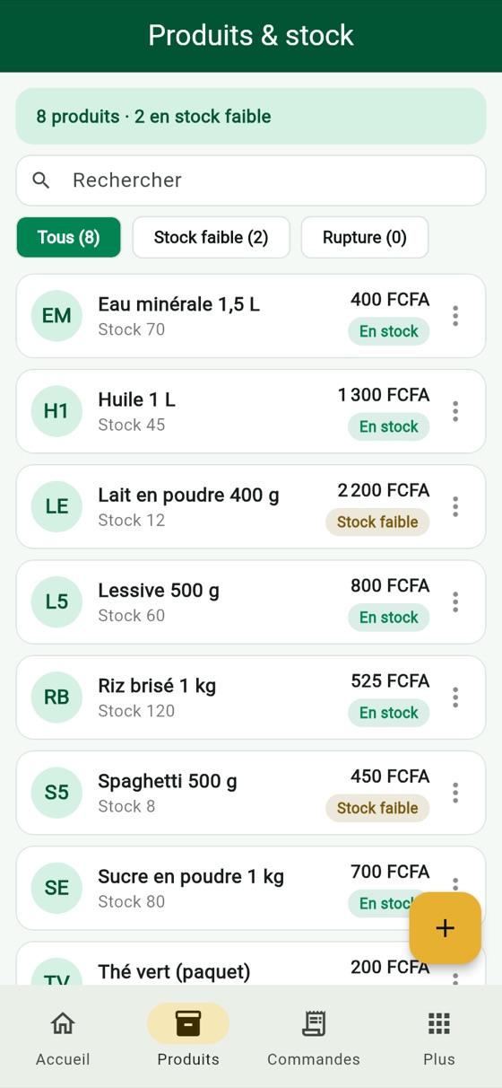 Liste des produits avec le stock et les alertes de stock faible